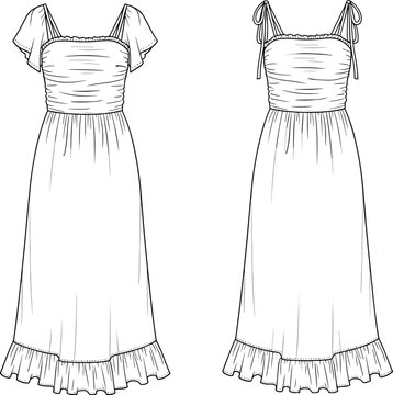 Fashion technical sketch of women's smocked maxi dress with ruffle hem and flutter sleeves cad drawing flat vector illustration flavector