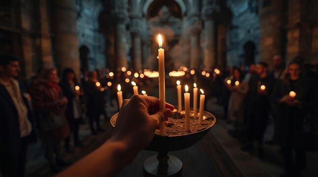 Easter vigil ceremony inside a grand church with people holding candles in a circle, emphasizing communal devotion and spiritual reflection