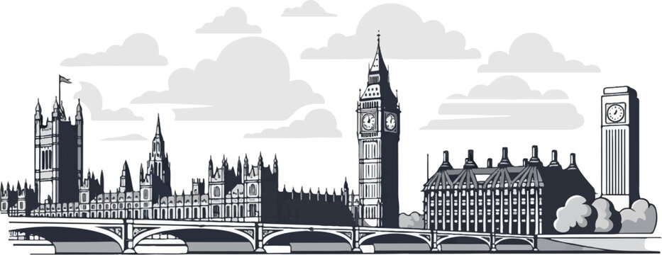 Stylized pixelated panorama of iconic clock towers and buildings by river
