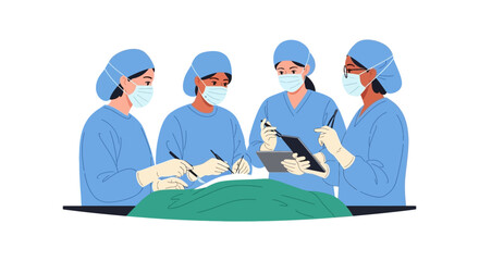 Fototapeta premium Diverse Surgical Team in Operating Room Collaborating on Medical Procedure. Healthcare Professionals Performing Surgery, Flat Design Vector Illustration.