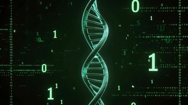 Futuristic DNA strand with binary code background representing genetics and digital technology