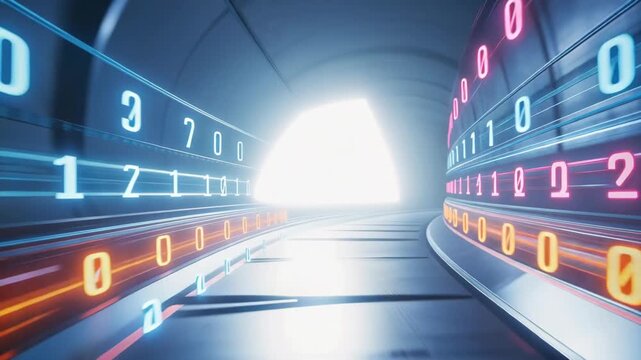 Futuristic digital tunnel with glowing binary code and light at the end representing data flow and technology