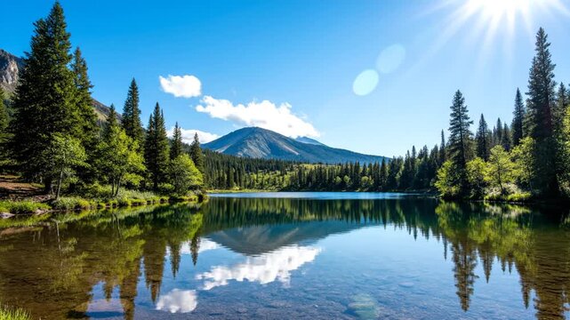 A serene lake reflects a mountainous landscape with trees on both sides under a bright blue sky