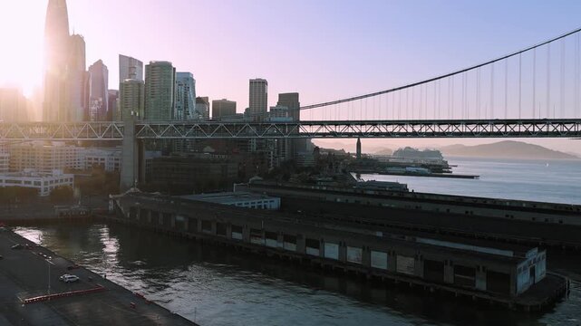 Panoramic San Francisco financial district skyline in city downtown near Oakland Bay Bridge