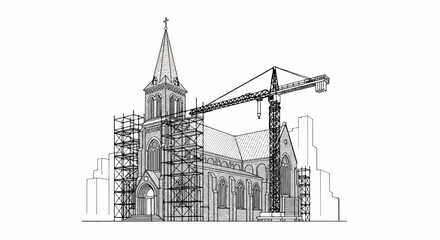 Fototapeta premium Detailed architectural drawing of a church under construction with scaffolding and crane