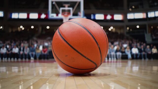 Basketball rolls on court during big game in the stadium as fans cheer and players compete for victory on a game night