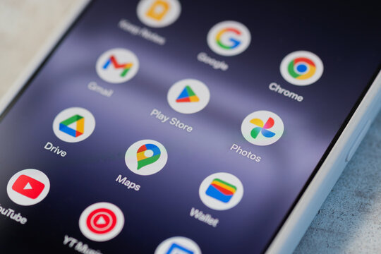 Kyiv, Ukraine, March 11, 2026. Close-up of a smartphone screen displaying various Google app icons like Maps, Gmail, Photos, and Drive on Android OS.