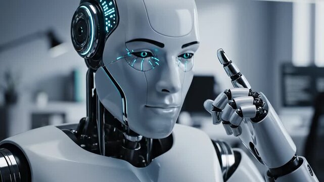 White humanoid robot gently touches its temple with a glowing finger, suggesting deep thought and complex processing. The blurred background enhances the focus on its advanced artificial