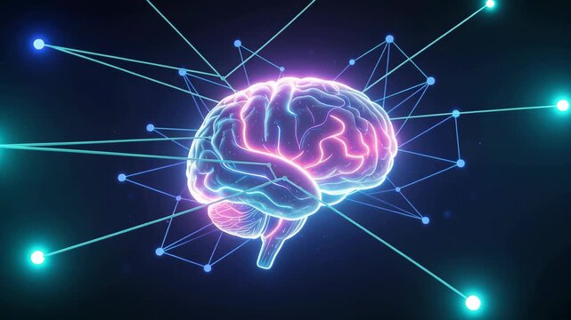 Digital illustration of human brain with neural network connections glowing in blue and pink colors