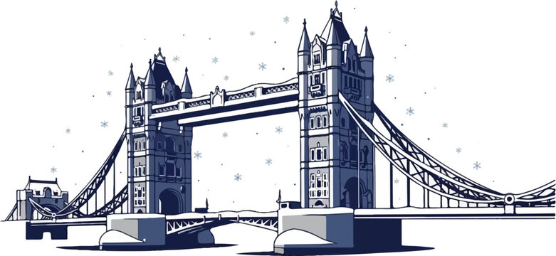 Pixelated sketch of a famous bridge covered in snow with falling snowflakes