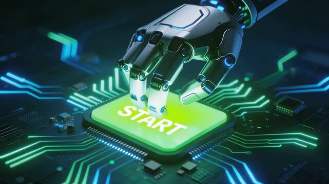 Futuristic robot hand pressing start button on glowing microchip technology circuit board