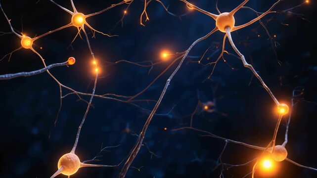 Close up of glowing neurons transmitting signals in the brain with dark background for neuroscience and medical research
