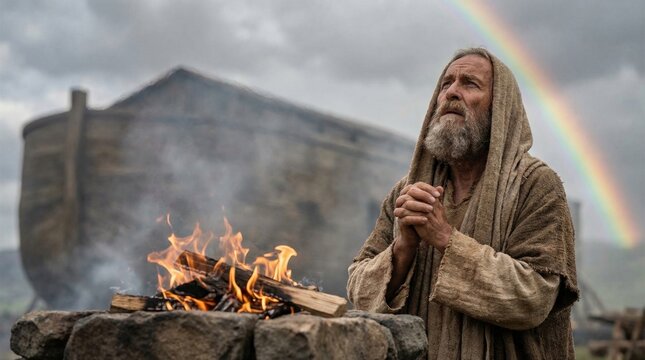 Noah praying at the altar fire with an ark in the background and a rainbow in the sky. Biblical scene of sacrifice after the great flood. Traditional narrative of faith and salvation.