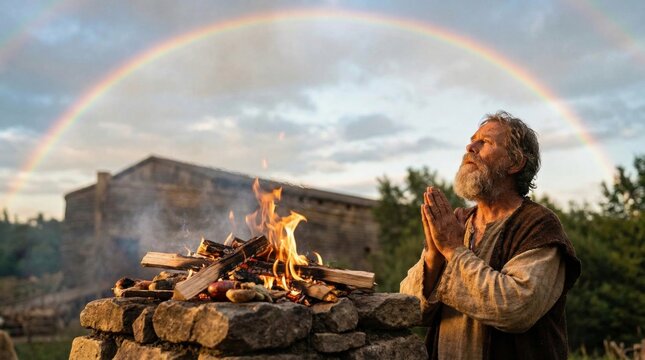 Noah praying at a fire altar under a rainbow after the great flood. Biblical scene of a man offering sacrifice during a religious ceremony. Faith, hope and covenant concept.