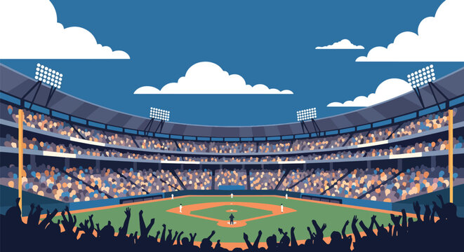 Modern vector illustration of packed baseball stadium with cheering crowd during championship match, vibrant sports atmosphere