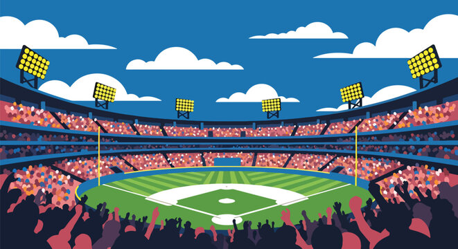 Modern vector illustration of packed baseball stadium with cheering crowd during championship match, vibrant sports atmosphere