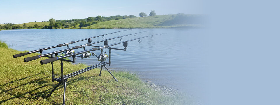 Carp fishing rod pod setup by a serene lake. Professional fishing equipment near water. Nature hobby and relaxation concept. Banner with copy space