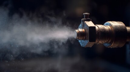 Metallic valve emitting fine air vapor under pressure, showcasing soft light reflections and intricate details.