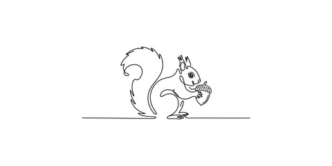 A cute cartoon squirrel holds an acorn in its paws and smiles animal rodent nut © Line Art Gallery