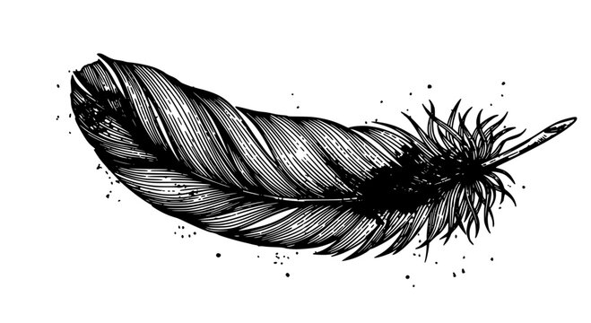 Feather with detailed lines and splatter effect in black ink on white background featuring illustration, drawing,