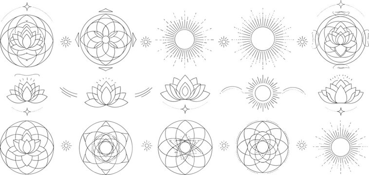 Sacred Lotus Mandala Symbol Collection with Spiritual Geometry, Sun Rays, Mystic Meditation Icons, and Decorative Line Art Vector Set