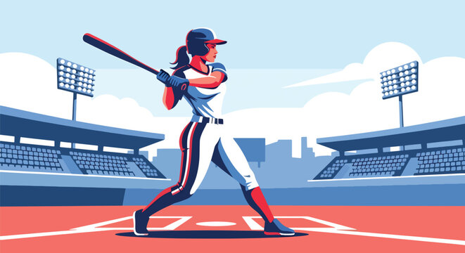 Modern vector illustration of female baseball player batting confidently in stadium, empowering sports equality concept