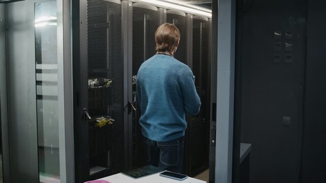 Medium shot of network engineer coding on laptop to manage server infrastructure beside workstation cart in modern data center corridor with server racks in background
