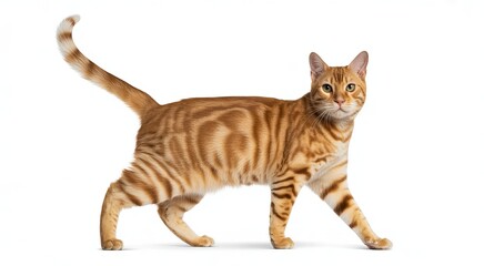 Orange tabby cat with distinctive swirling stripes walking on a white background orange cat feline