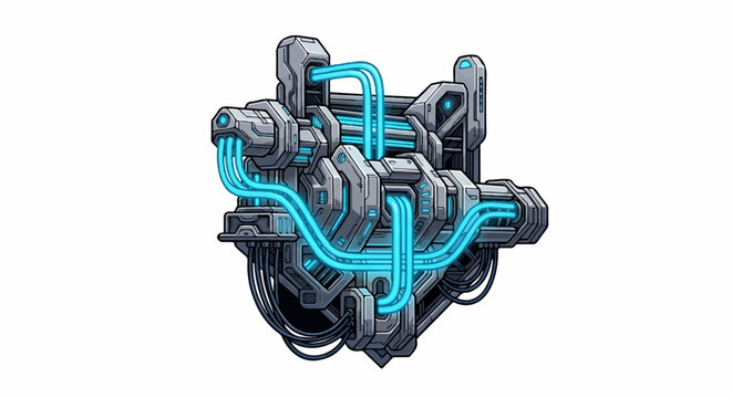 Complex futuristic machinery with glowing blue pipes and metallic gray components