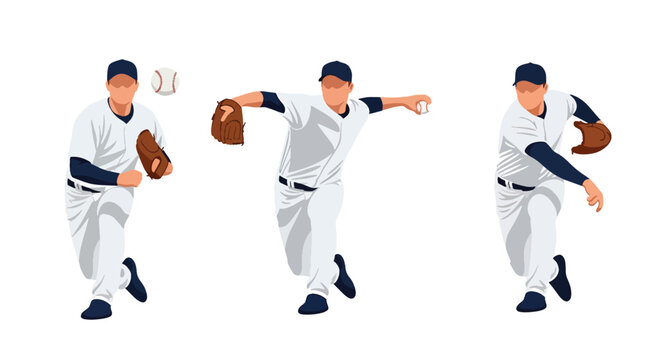 collection set vector illustration of Baseball pitcher throwing sequence, dynamic step by step pitching motion isolated on white background