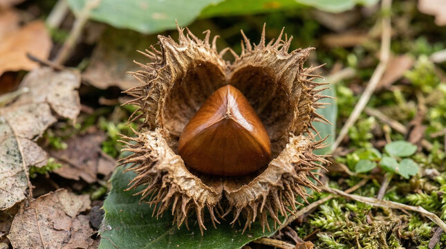 macro shot of a single beechnut (fagus sylvatica) inside its open husk on the forest floor