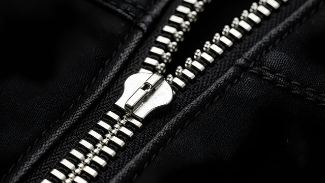 Silver zipper on black fabric close up minimal design detail