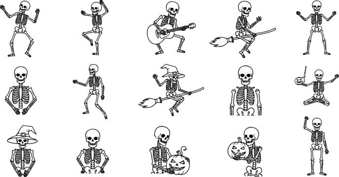 Diverse skeleton characters in various Halloween-themed poses and activities