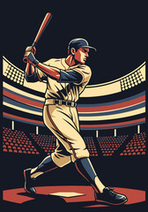 Vintage baseball batter swinging bat inside stadium arena in bold sports poster style with dramatic lighting and crowd backdrop, perfect for championship marketing and wall art decor © Amie