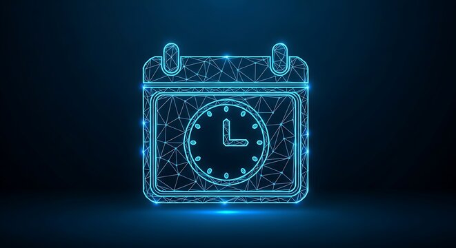 Futuristic low-poly calendar icon with clock face on a dark blue background