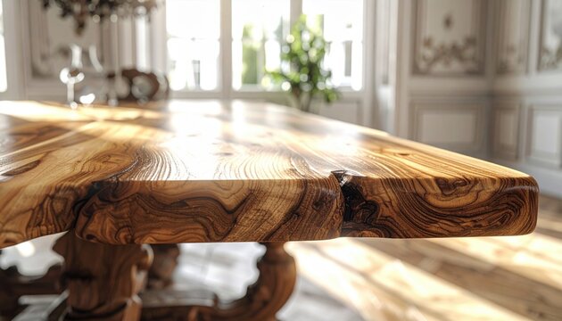 Detailed close-up of the rich wood grain texture on a polished oak table showcasing intricate natural patterns.