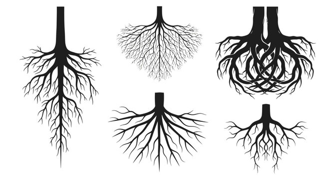 Illustrations of different types of plant root systems branching underground