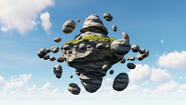 Floating rocks island with lush greenery anti-gravity surreal landscape