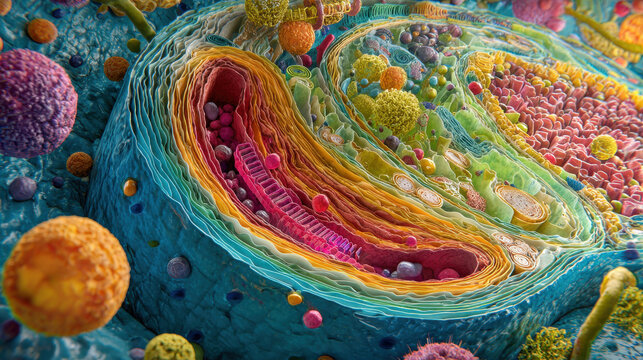 Colorful eukaryote cell animal cell structure plant cell analogy 3d cell illustration organelle detail mitochondria section biology science concept micrograph style art abstract texture vibrant
