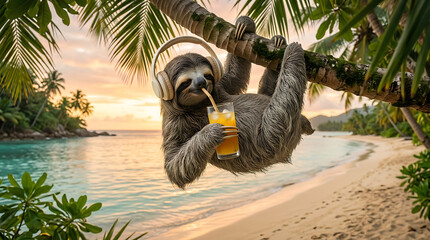 Fototapeta premium Cute sloth in headphones drinks juice while hanging on a tree at the beach