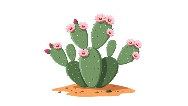 Prickly pear cactus with several green pads and blooming pink flowers is illustrated growing on a small patch of desert sand and rocks.
