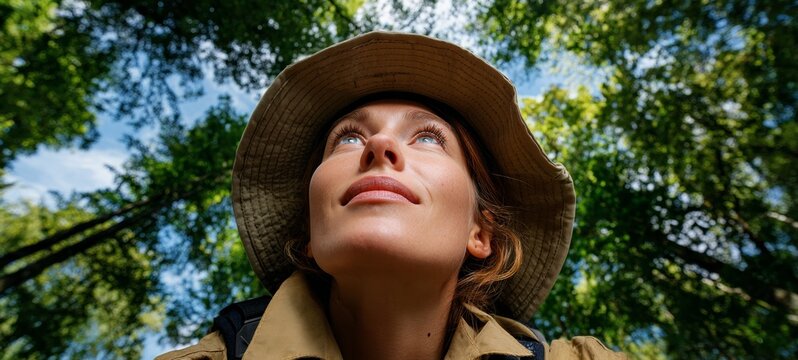 Woman hiking in forest.
