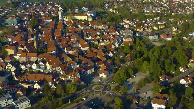Aerial view of the city and old town in Pfullendorf in south Germany on a sunny afternoon in Spring 