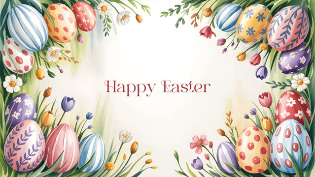 Happy Easter Watercolor Eggs Floral Spring Background, Colorful Easter Egg Frame With Spring Flowers, Pastel Easter Eggs Border Watercolor Floral Design, Elegant Easter Eggs Spring Greeting Card Backg