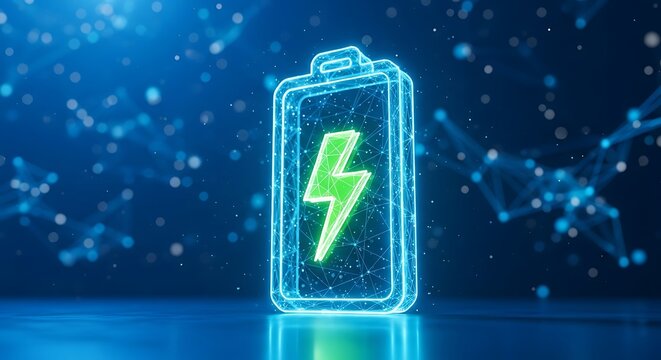 Glowing battery icon with lightning bolt on blue network background, energy concept