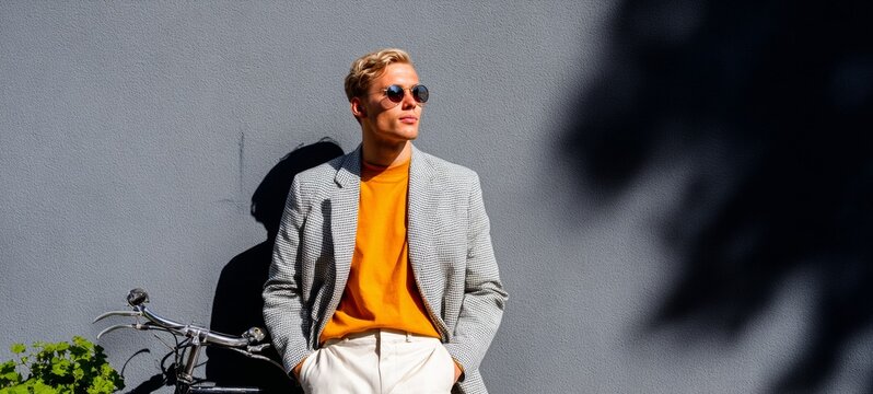 Man wearing sunglasses standing against a wall.
