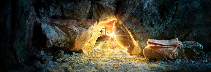 Plakat Resurrection - Empty Tomb With Stone Rolled Away - Jesus Is Risen - Entrance In Cave - Crosses On Hill At Sunset With Abstract Sunlight
