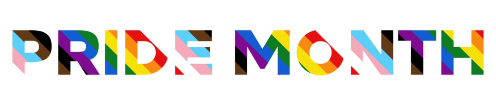 Pride Month text isolated, LGBT rainbow flag typography logo