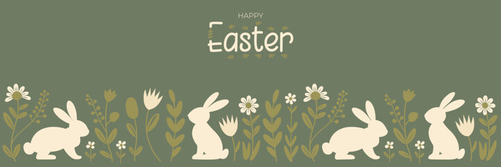 Easter horizontal seamless pattern with bunnies, flowers, beautiful background, for Easter Cards, banner, textiles, poster, greeting card, header for website. Easter border. Trendy Easter design © Nataliia