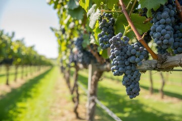 Naklejka premium Lush vineyard with ripe purple grapes hanging from trellis in rows on sunny day